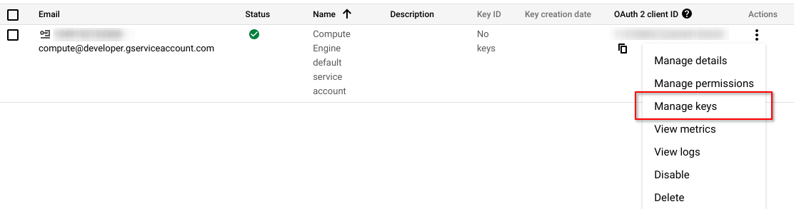 GCP Console: Service Account Keys