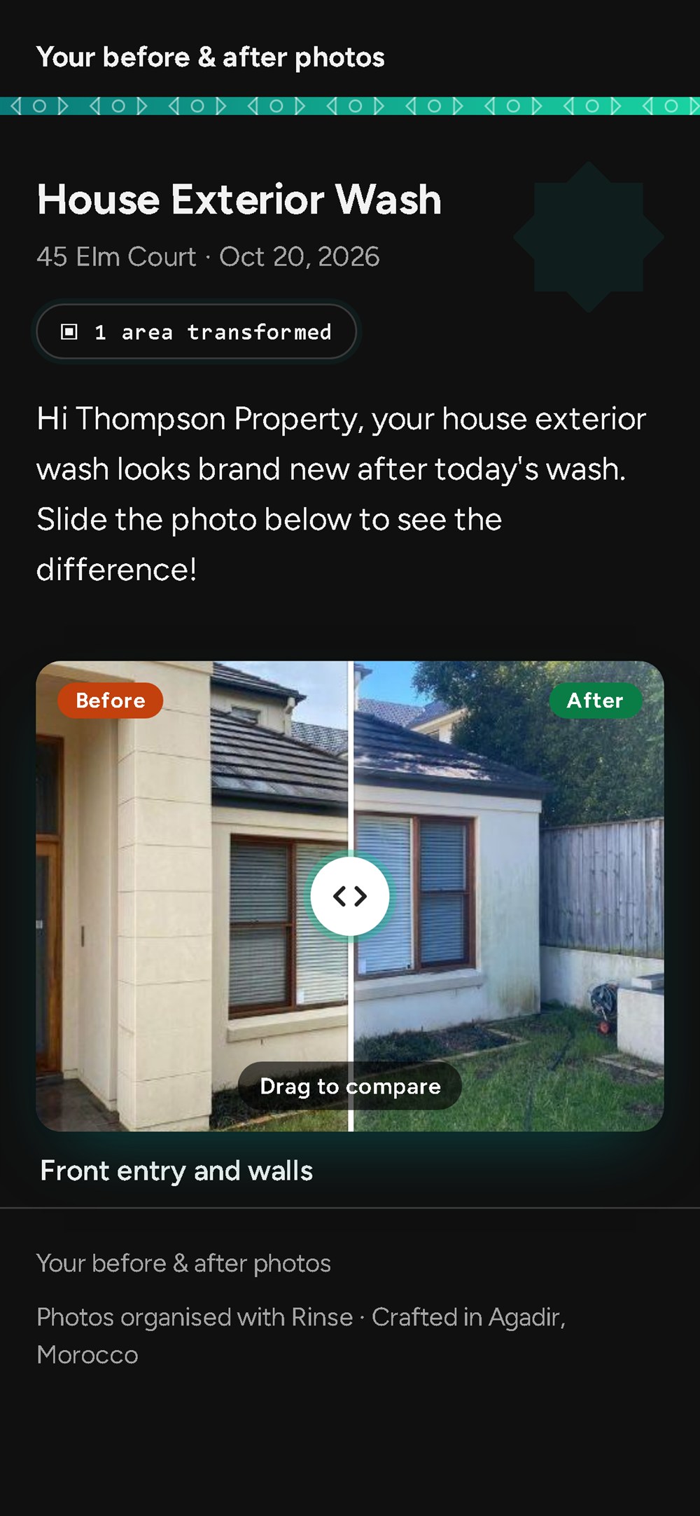 The client link on a phone: one slider, before and after labels, caption