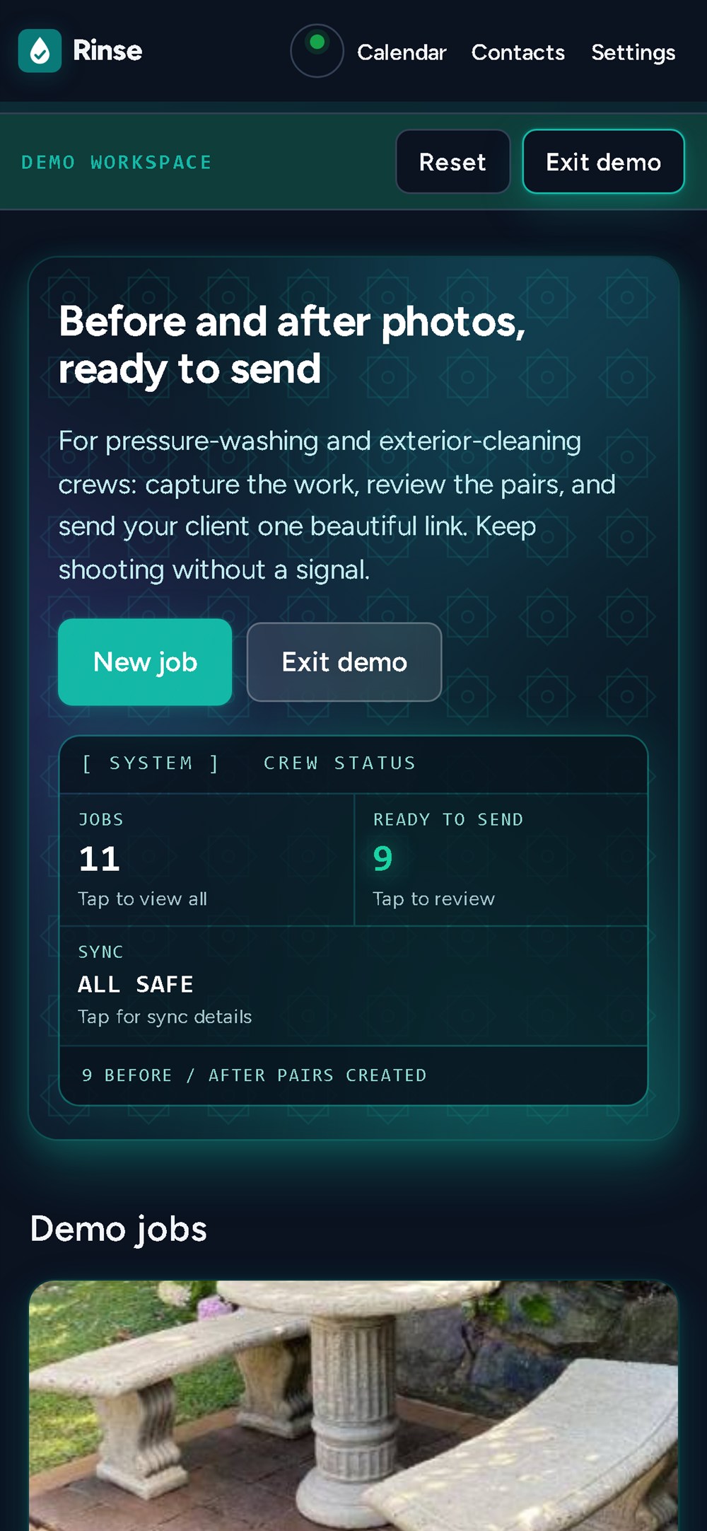 Rinse home screen in the demo workspace: 11 jobs, 9 pairs ready to send