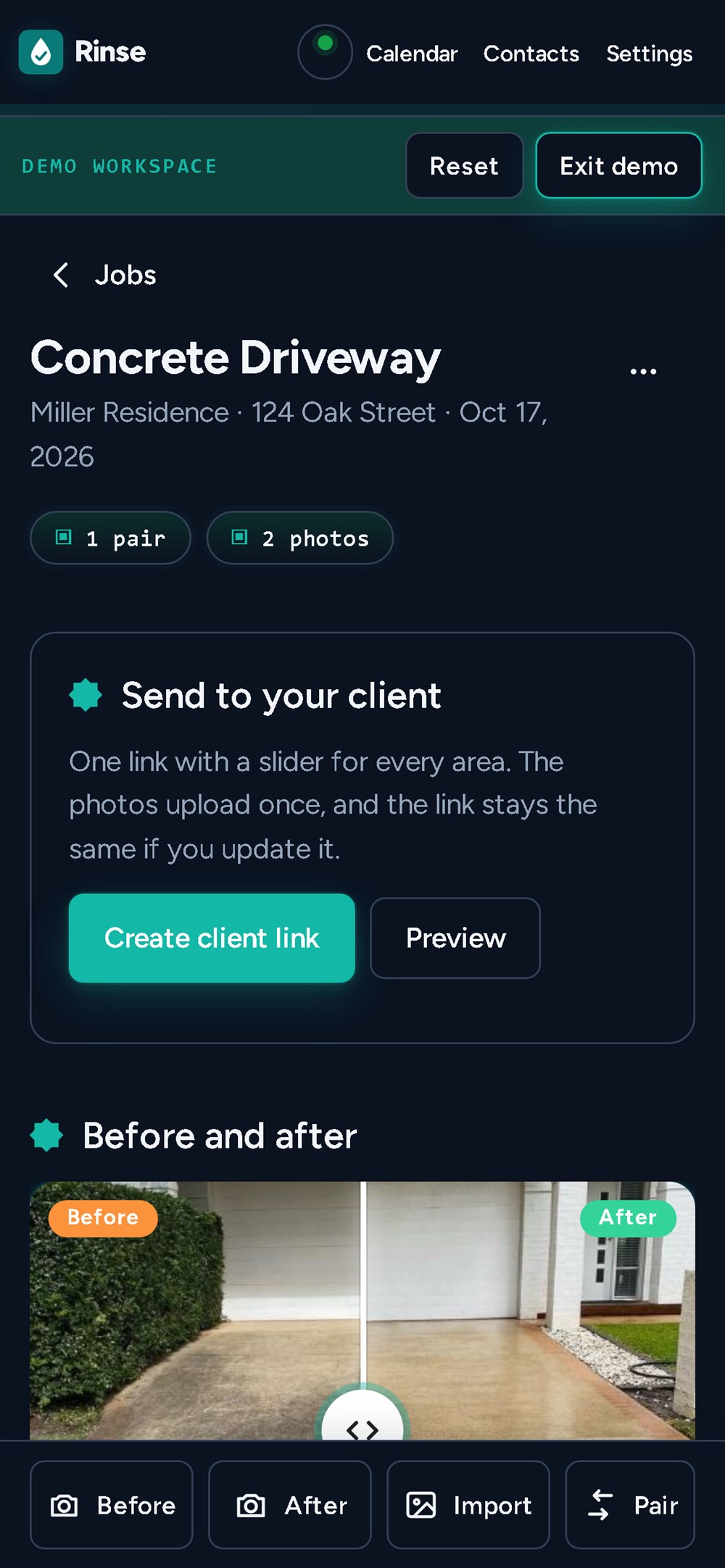 Job page: client link card, then the first before/after pair