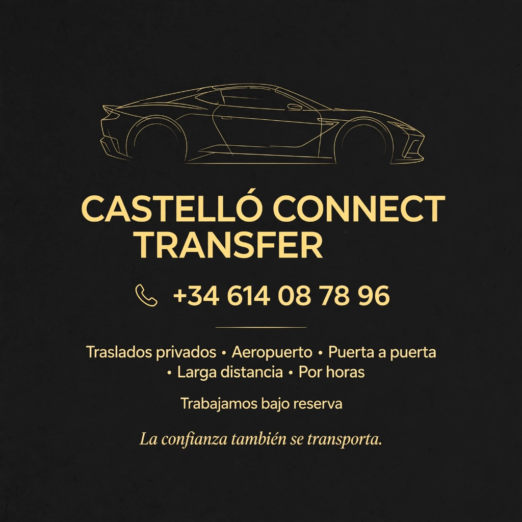 Pieza cuadrada de Castelló Connect Transfer con identidad dorada, coche ilustrado y lista de servicios