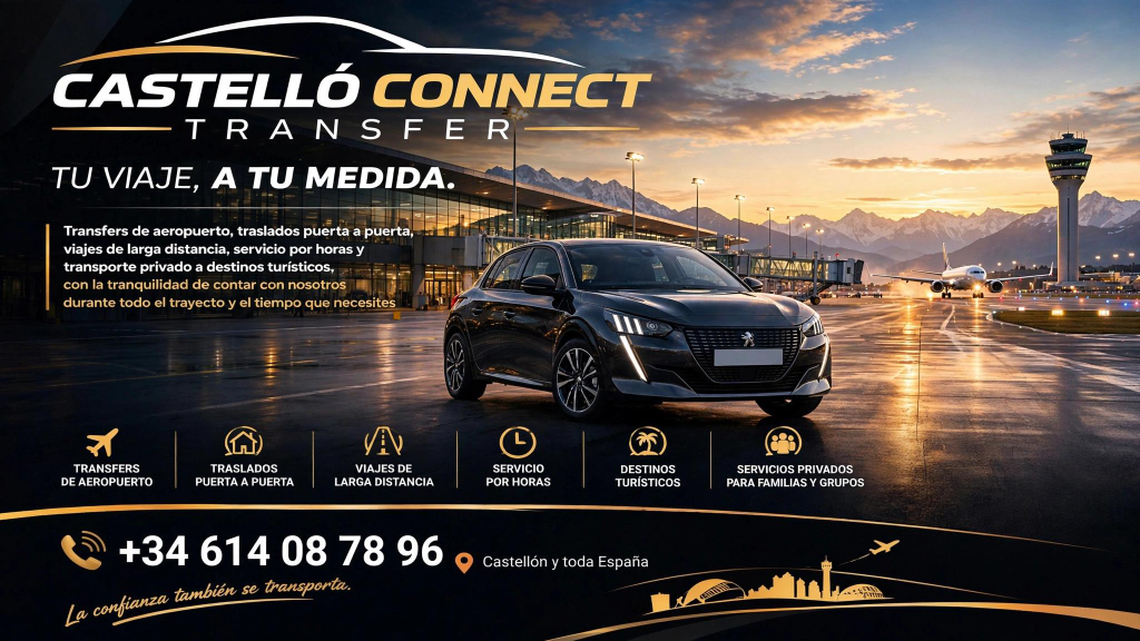 Imagen principal de Castelló Connect Transfer con el coche, servicios y WhatsApp