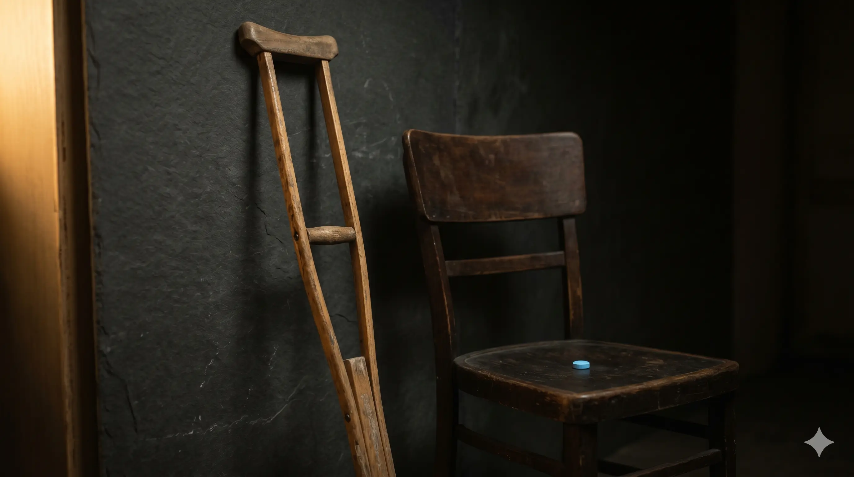 A crutch leaning against a wall next to an empty chair