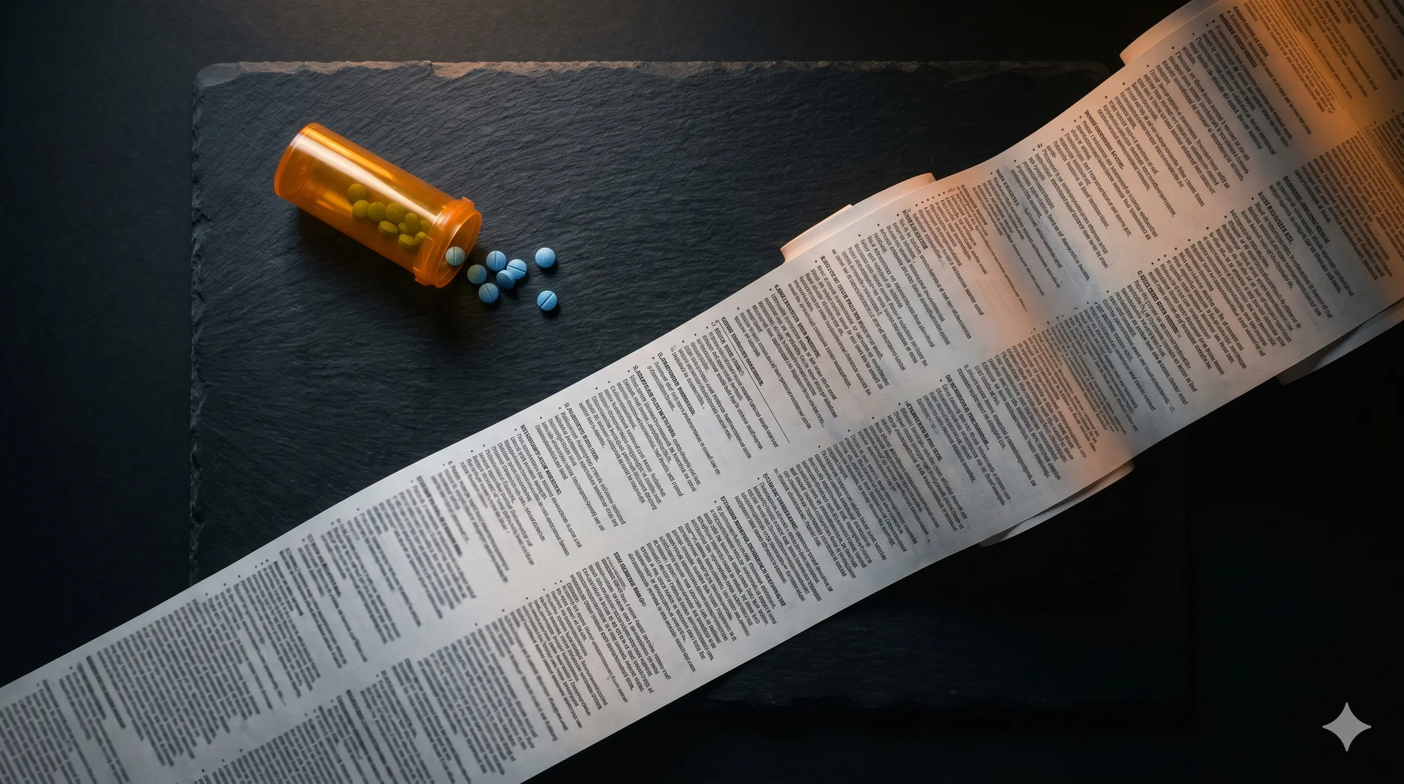 Pill bottle with warning label and scattered pills
