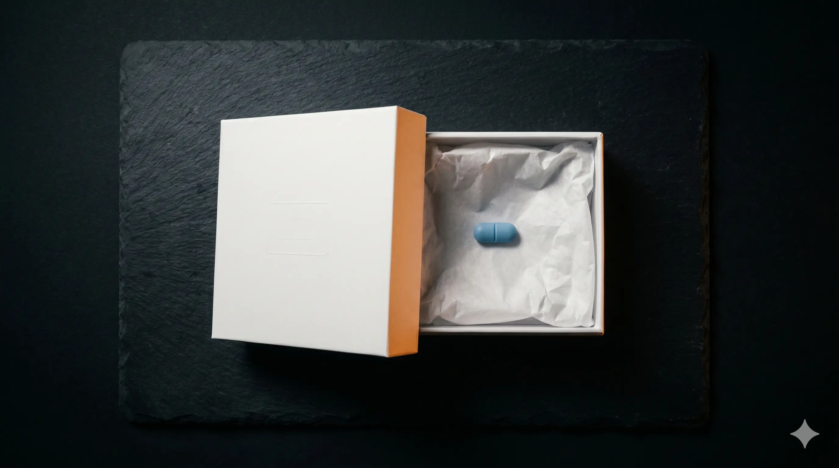 Luxury packaging opened to reveal a generic pill inside