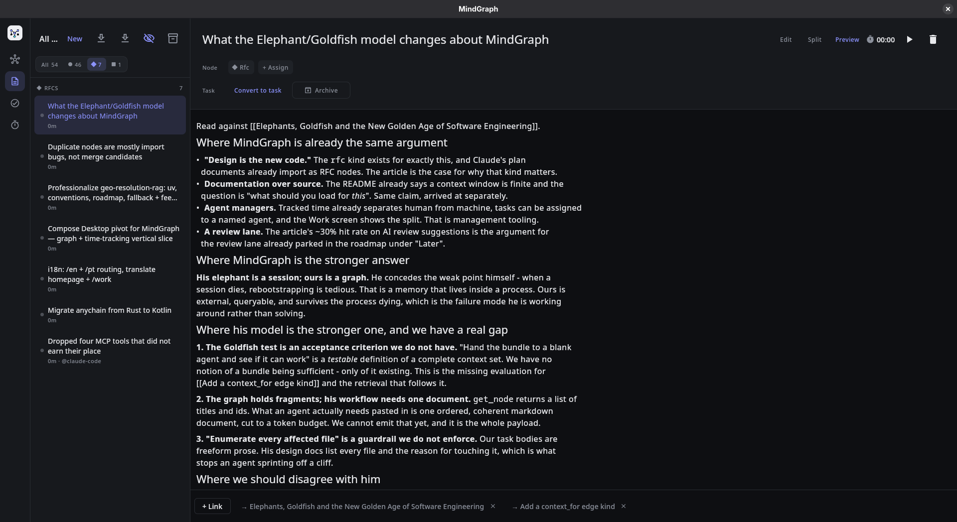 An RFC assigned to an agent, blocked by the work it depends on
