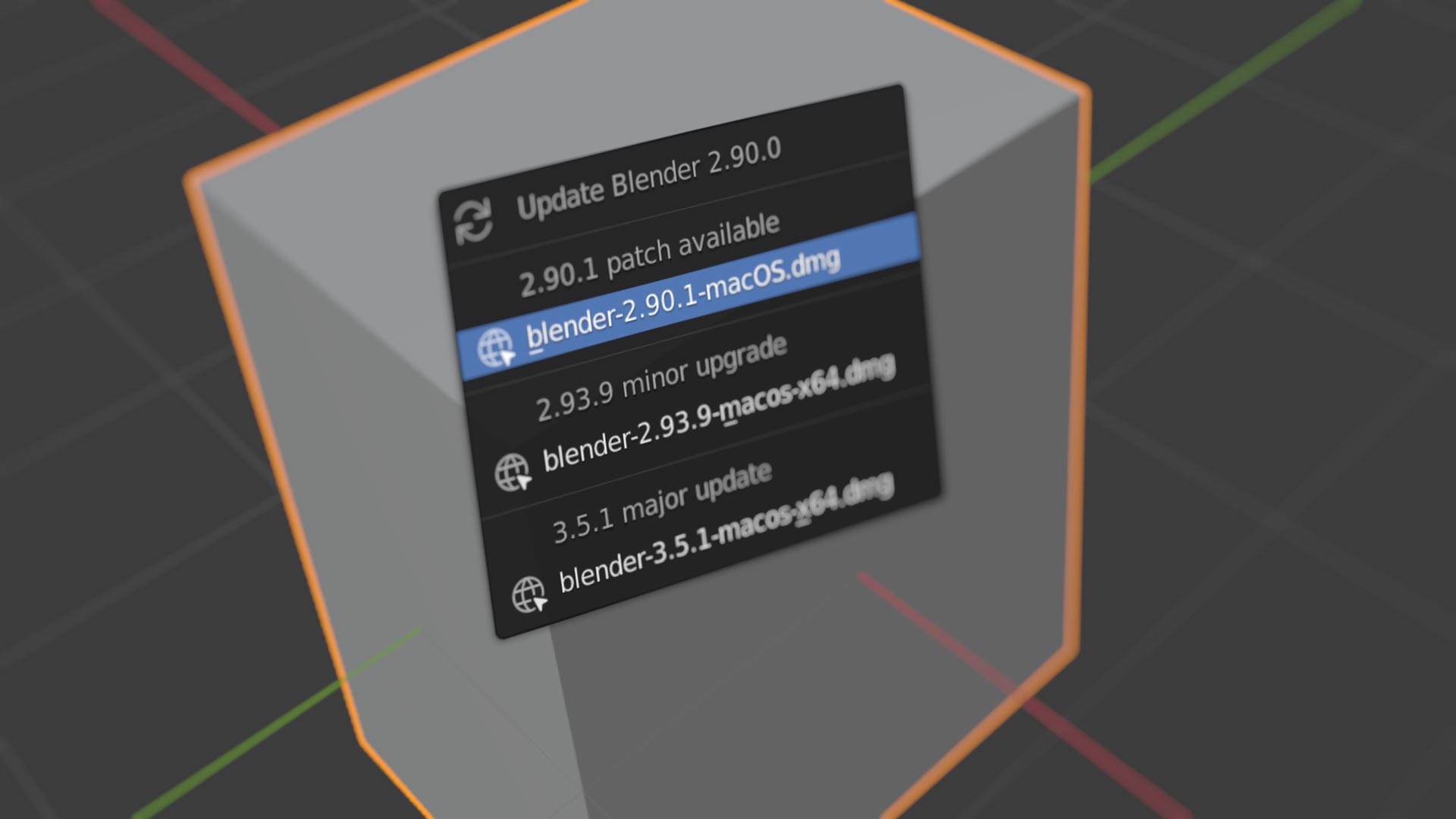 screenshot of the Blender interface with an Update Blender popup listing patch, minor, and major point updates available with download links