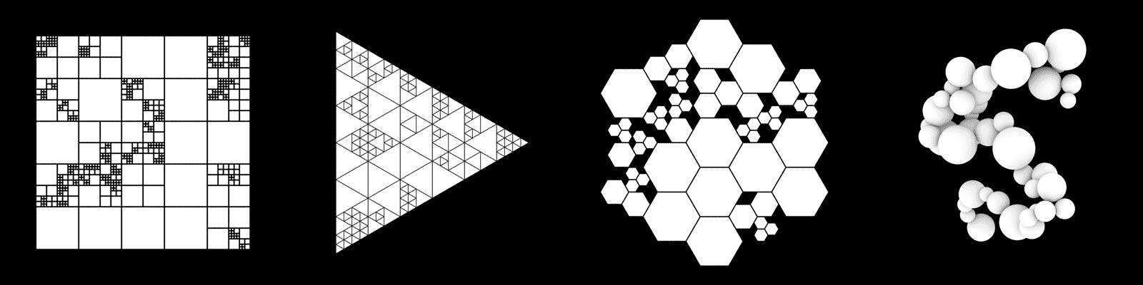 sample renders of the rectangular, triangular, hexagonal, and random walk features