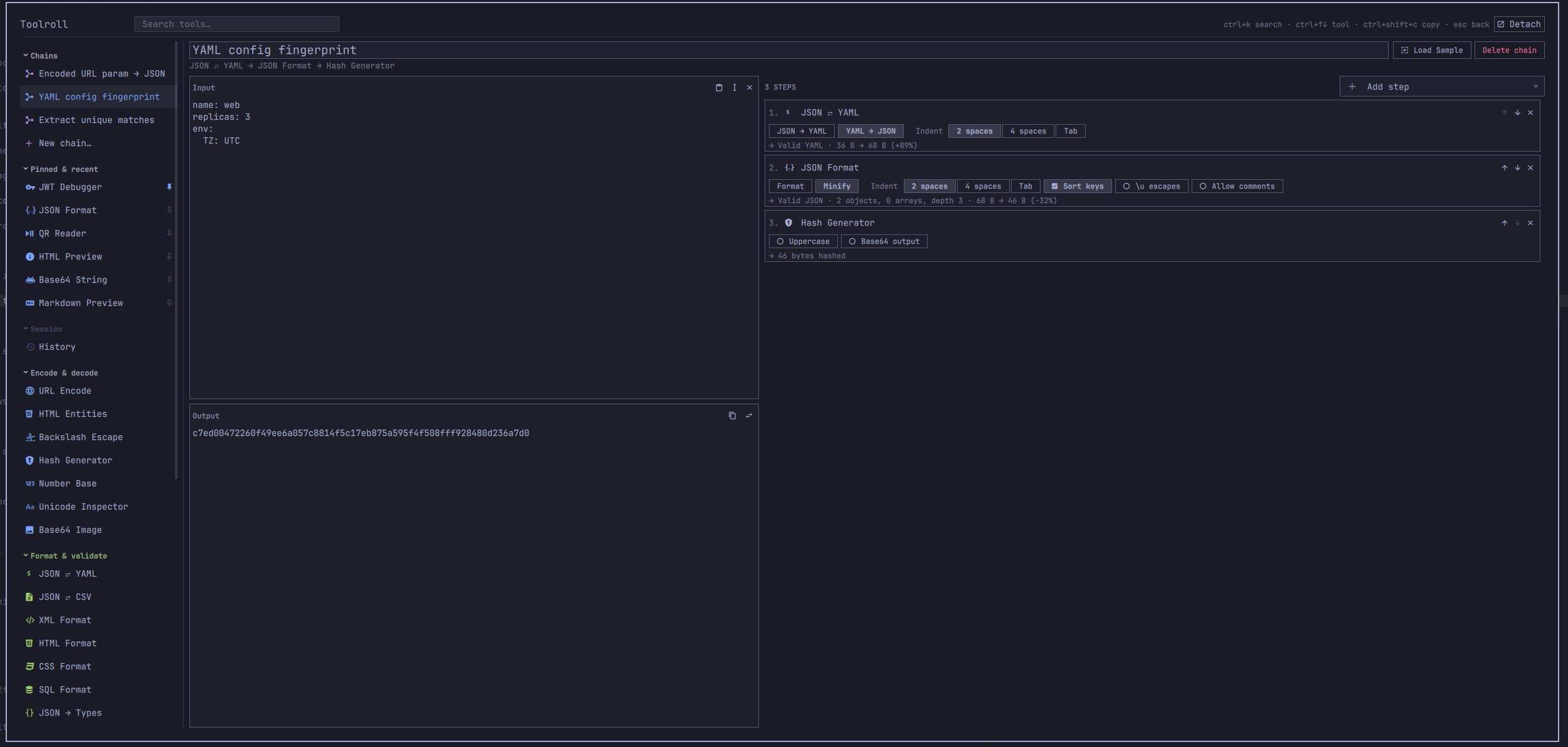 A three-step chain: YAML to JSON, minified with sorted keys, then hashed — with each step's options and what it did