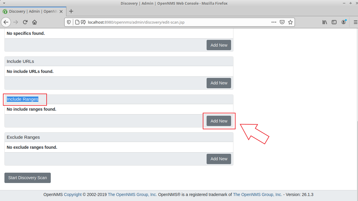 OpenNMS Single Discovery Scan Settings