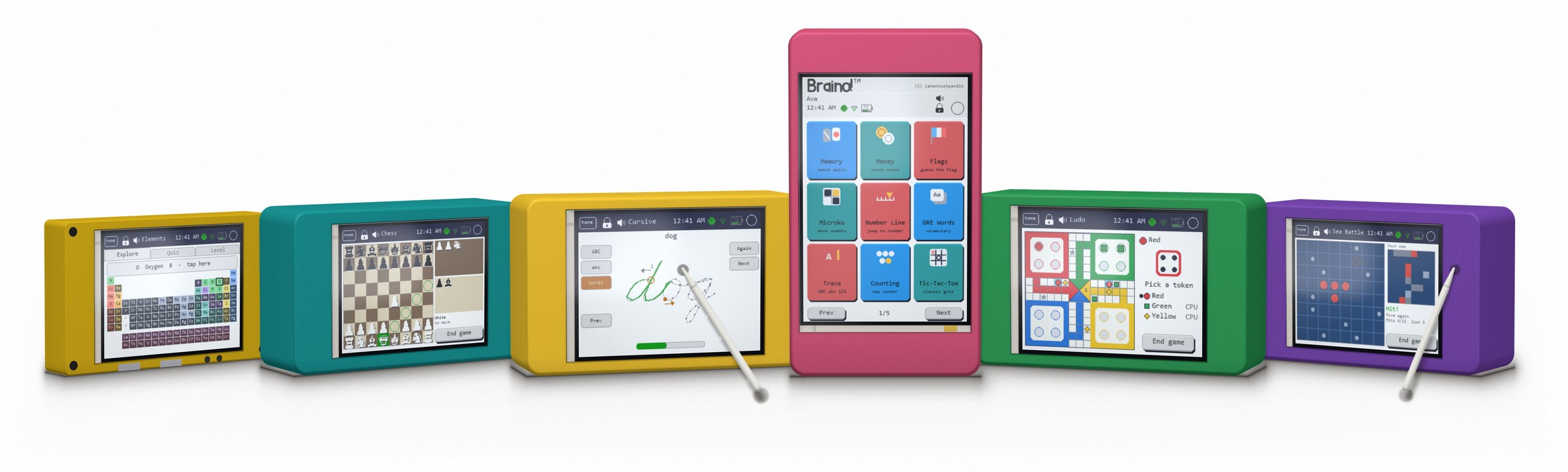 Six Braino consoles in printed cases of different colours and sizes, running Elements, Chess, Cursive, the home screen, Ludo and Sea Battle