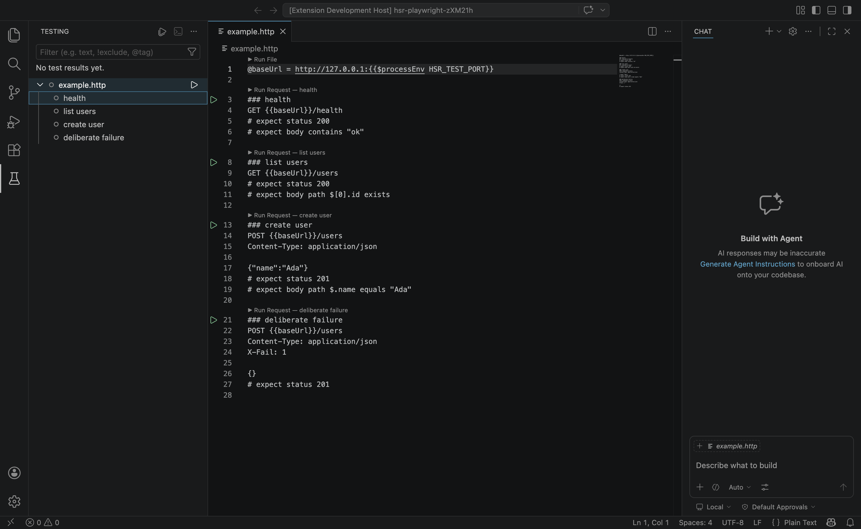 Testing panel with expanded request list