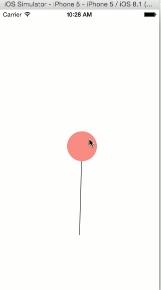 Panned Ball attached to an anchored line in iPhone 5 iOS 8.1 simulator