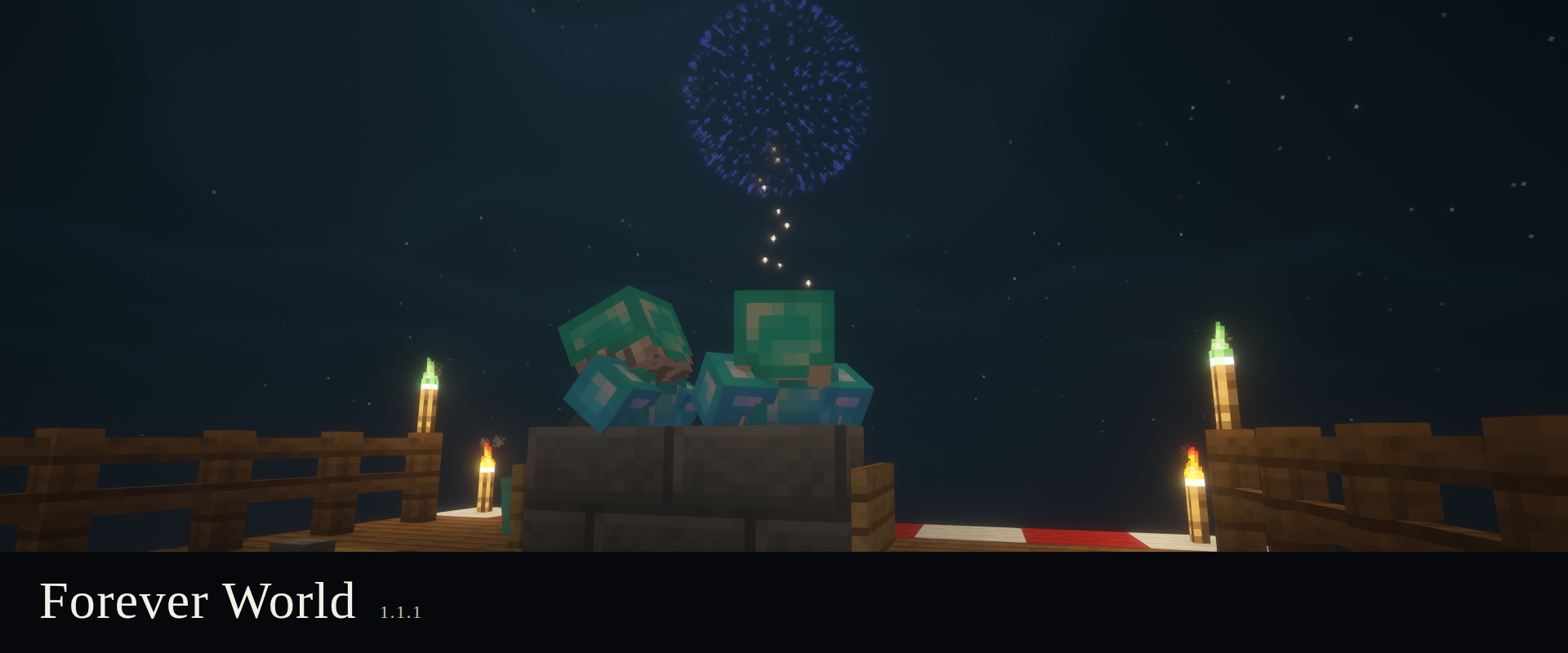 Two players in diamond armor sitting on a wooden deck at night while a firework bursts overhead.