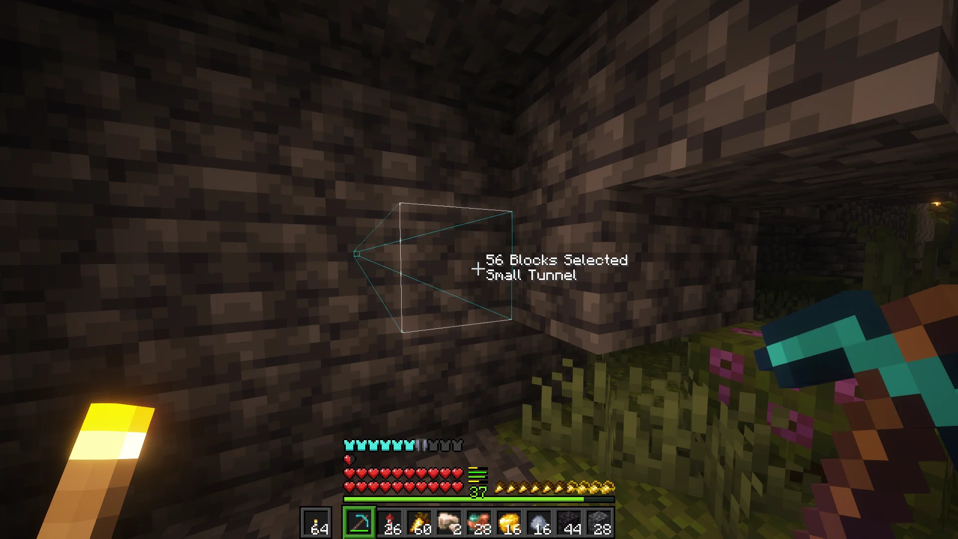 Liteminer selecting a small tunnel through deepslate.