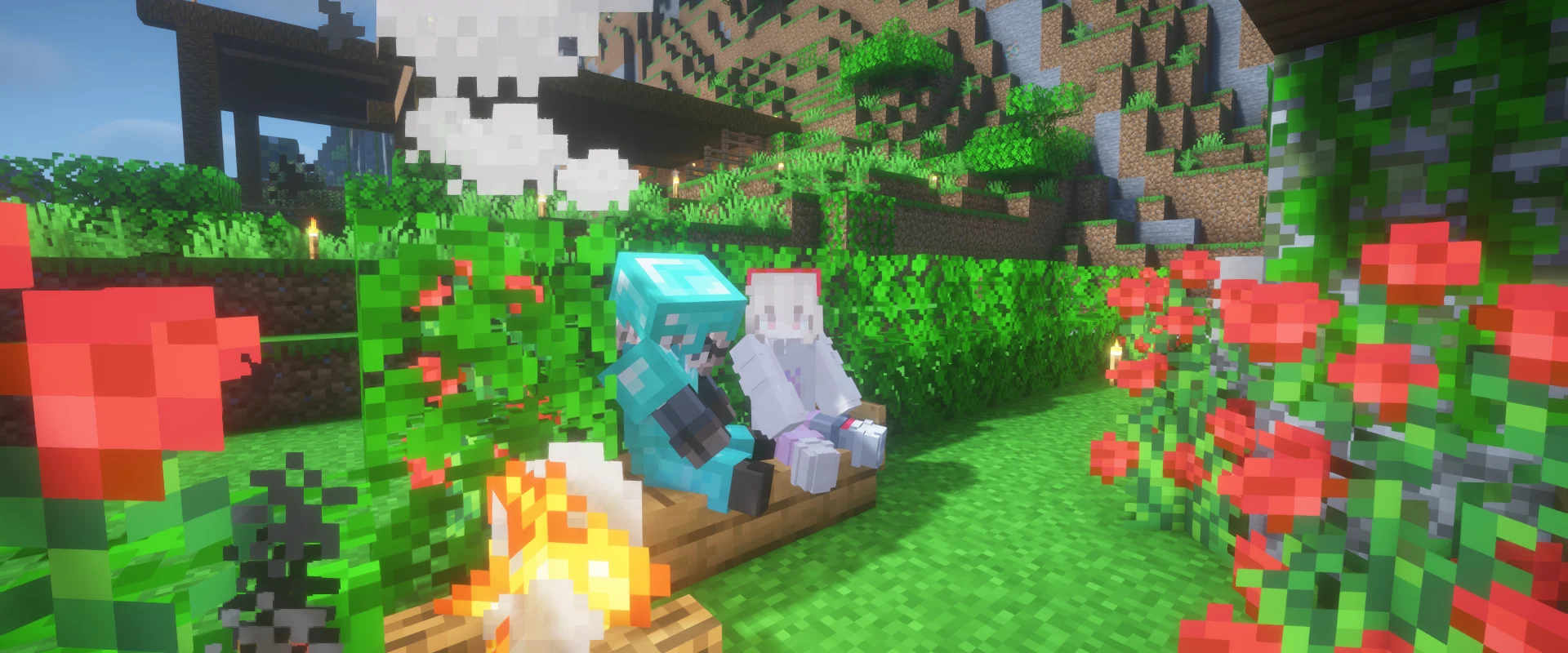 Two players sitting on a garden bench by a campfire.
