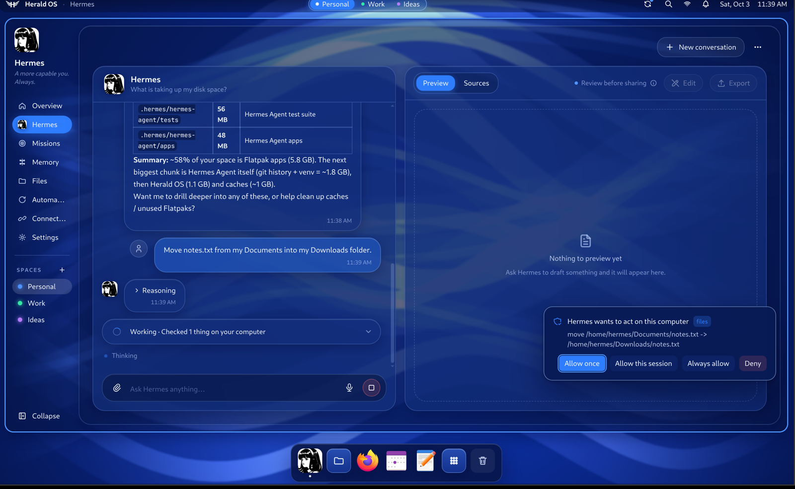 Hermes answering with its system tools