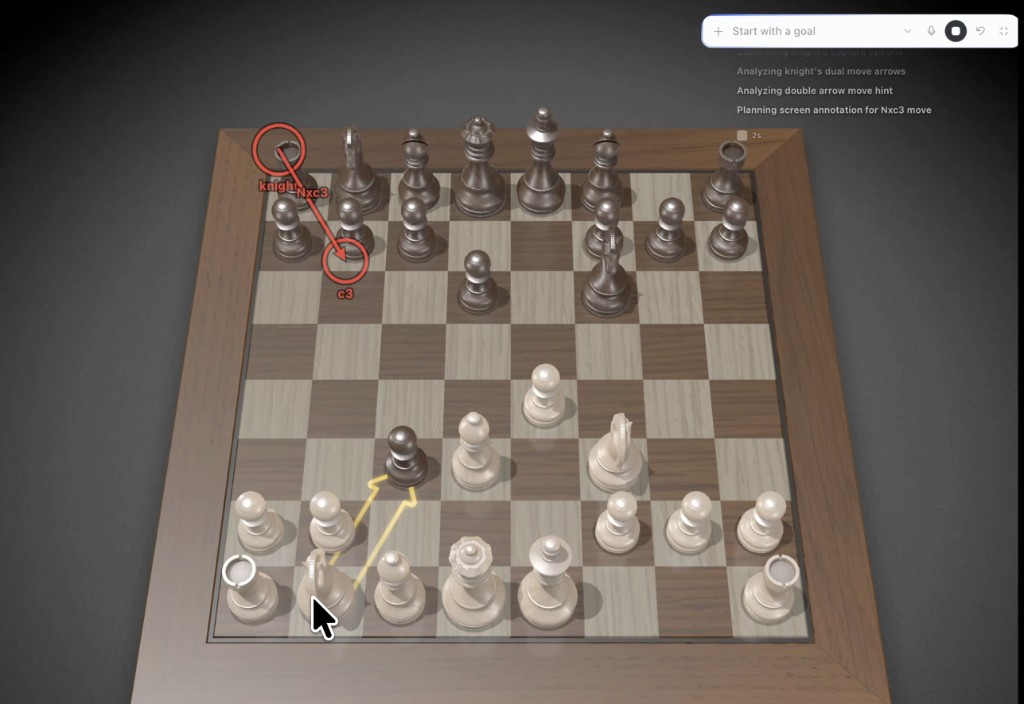 Chess Nxc3 hint: red circles and arrow on the board, yellow move arrows, click-through so the user still plays