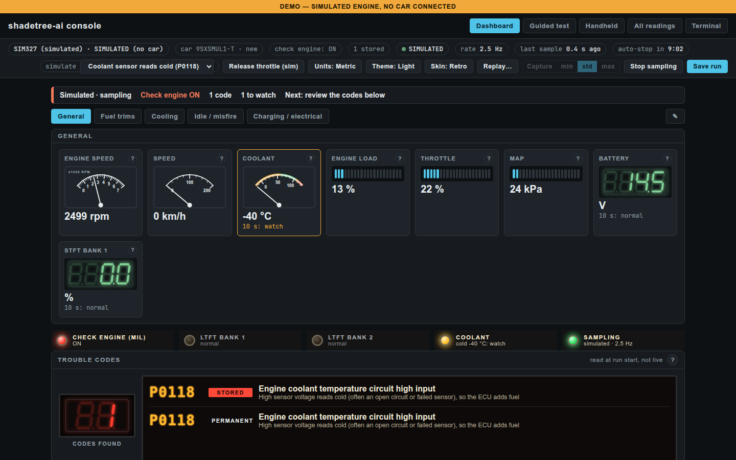 The live console's Dashboard on the simulated car: gauges, warning lamps and a trouble code with its plain-words meaning