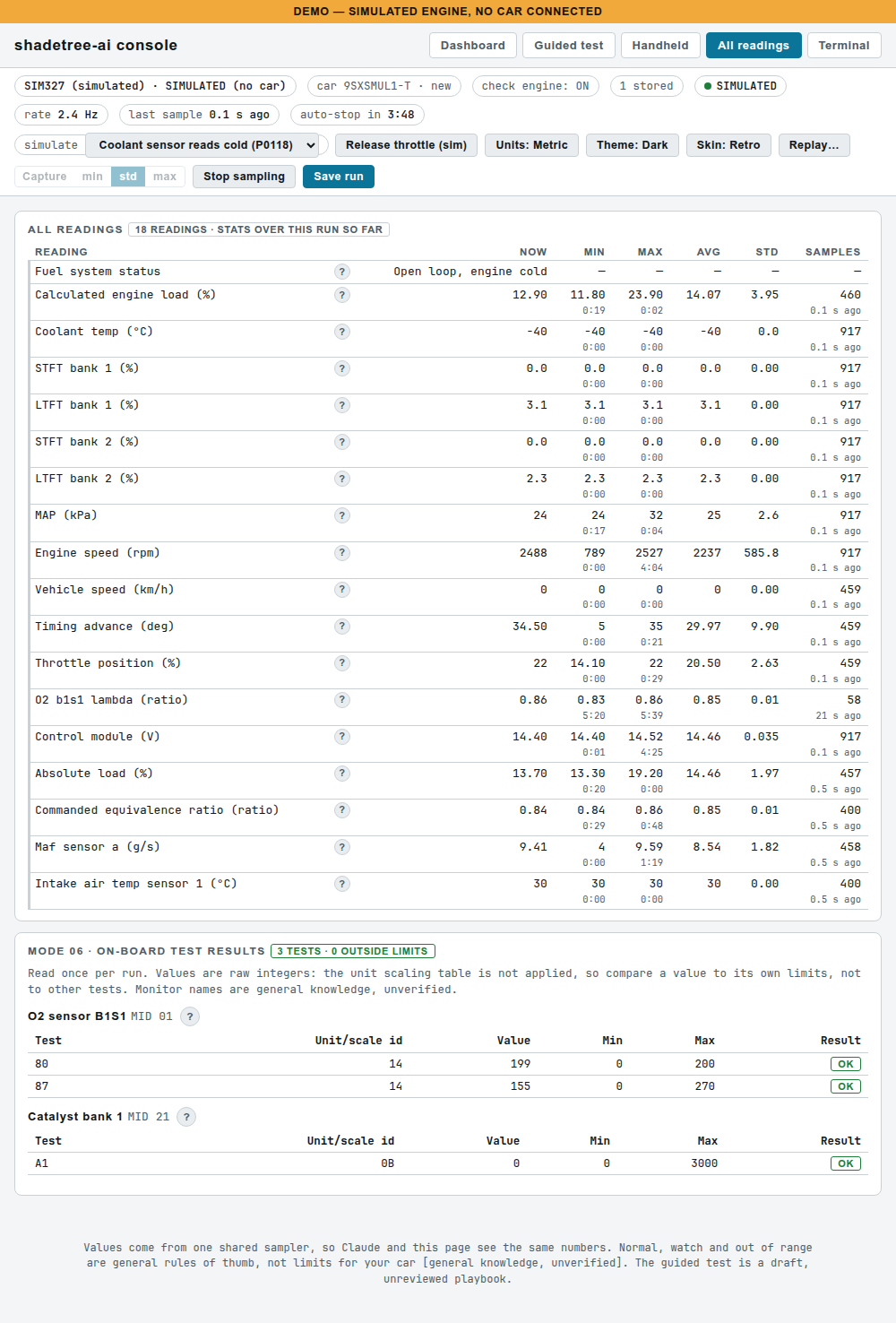 Light theme All readings with Mode 06 on-board test results