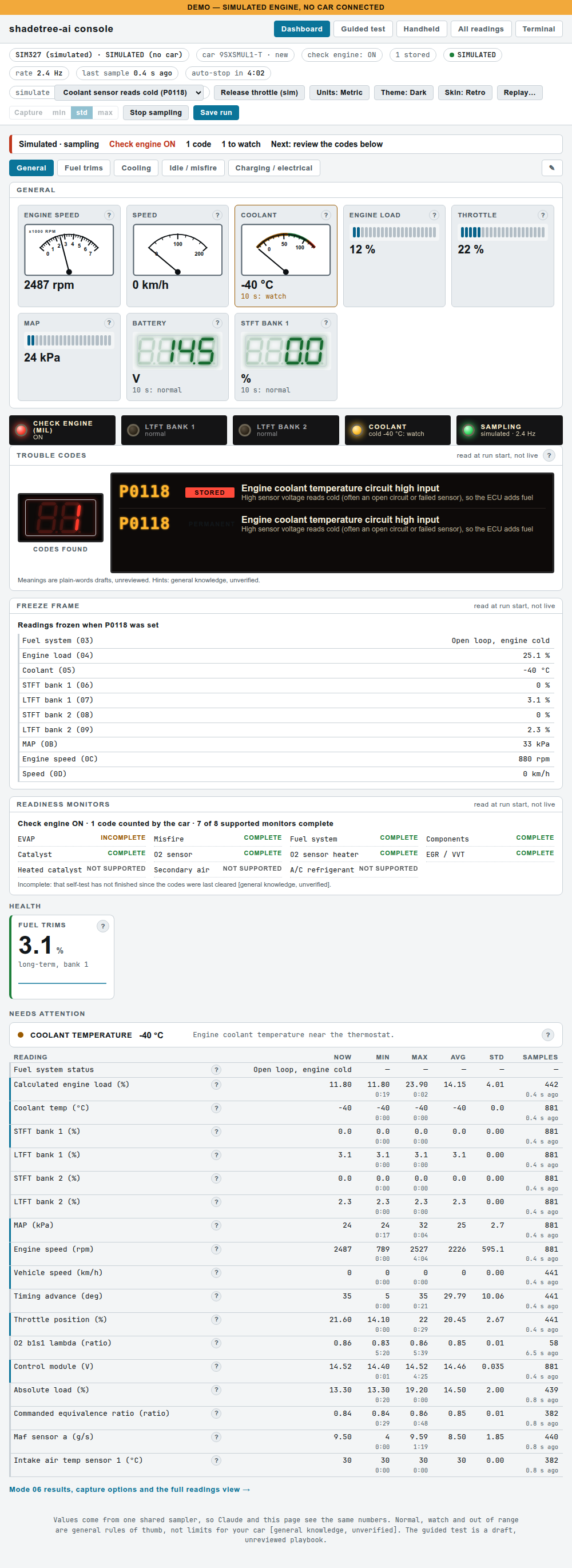 Light theme Dashboard with trouble codes, freeze frame, readiness monitors and the needs-attention list