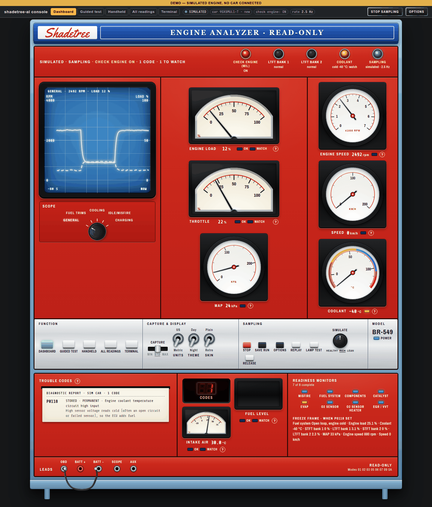 Retro skin: a 1970s shop engine tester with a scope, meters and a test knob