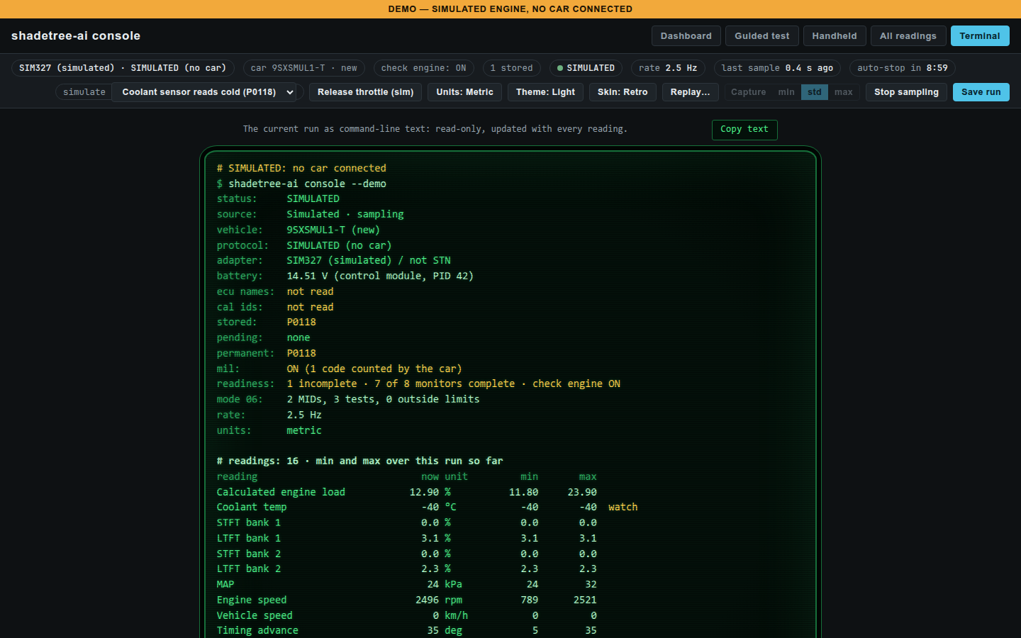 Terminal view: the run as command-line text