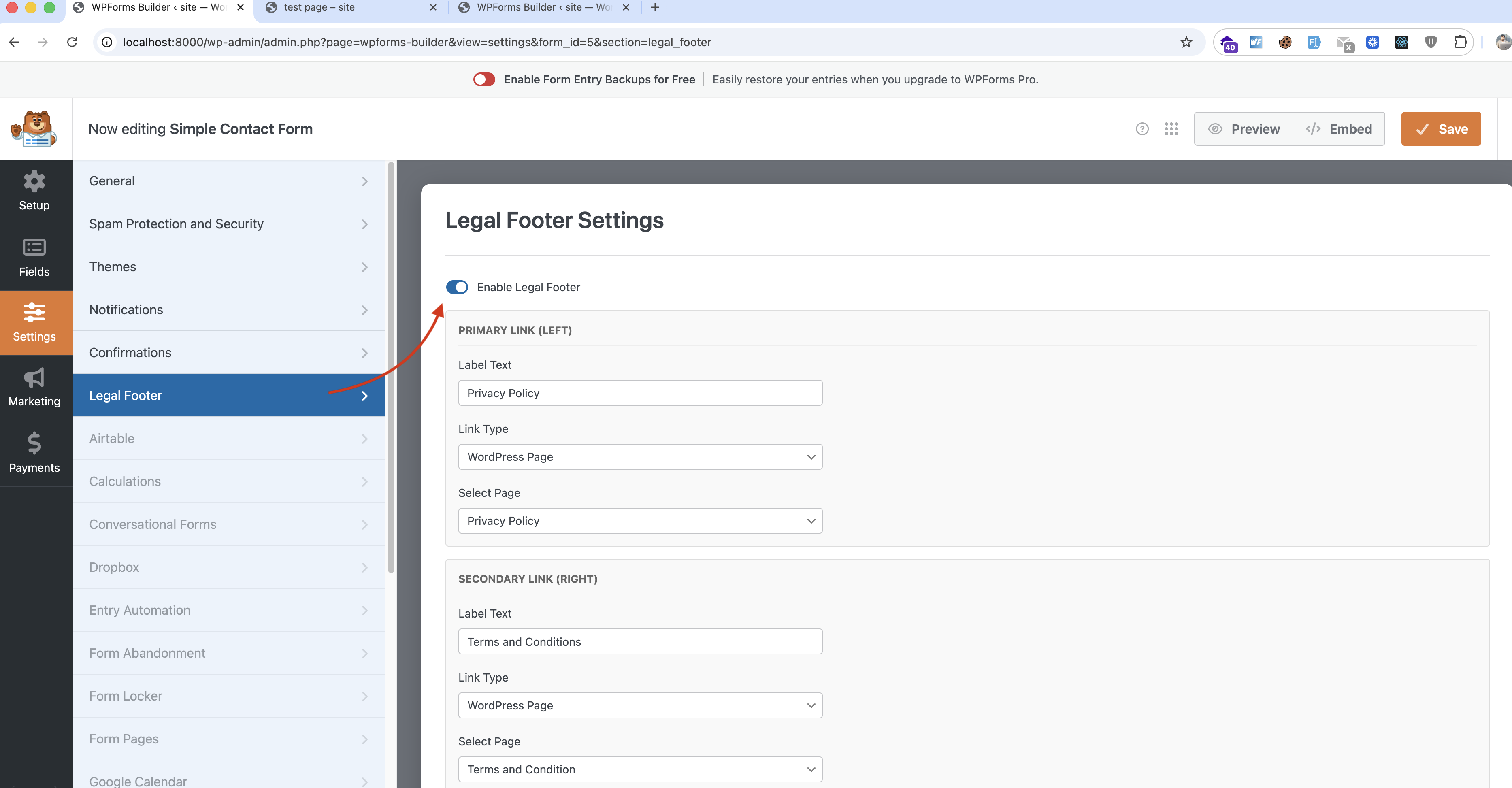 WPForms Legal Footer Settings