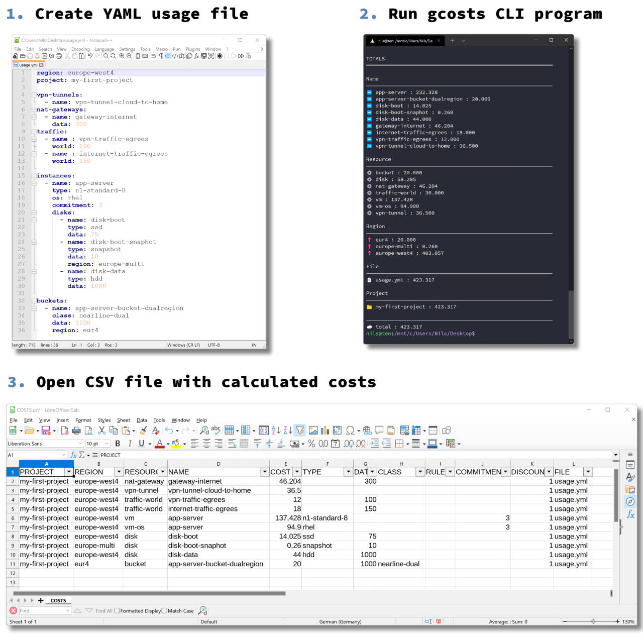 Screenshot: YAML usage file, gcosts and CSV costs file