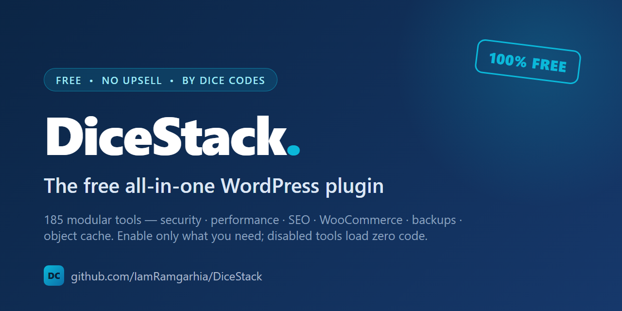 DiceStack — the free all-in-one WordPress plugin with 200+ modular tools for security, performance, SEO, WooCommerce, caching and backups