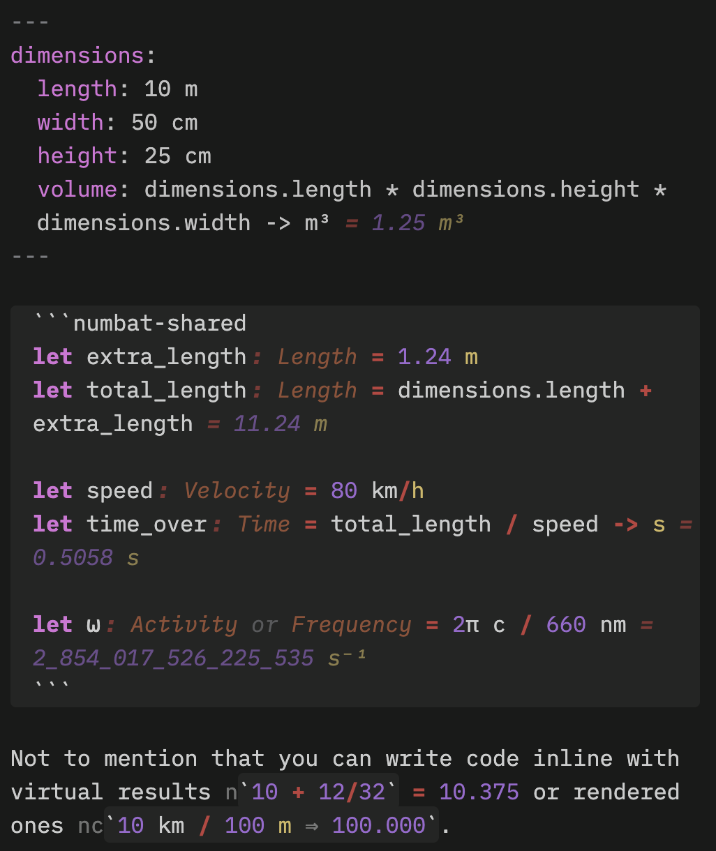 Symbat evaluating frontmatter, a shared block, and inline expressions in a note