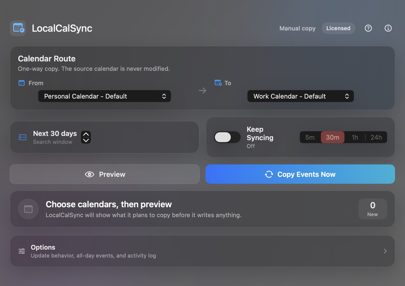 LocalCalSync app window showing a calendar sync route with Preview and Copy Events Now buttons
