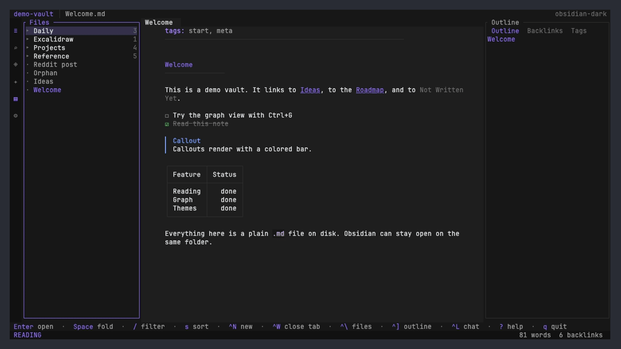 emeraldian: walking the file tree, backlinks, the graph, an Excalidraw drawing, a picture in the reading pane, and a theme switch