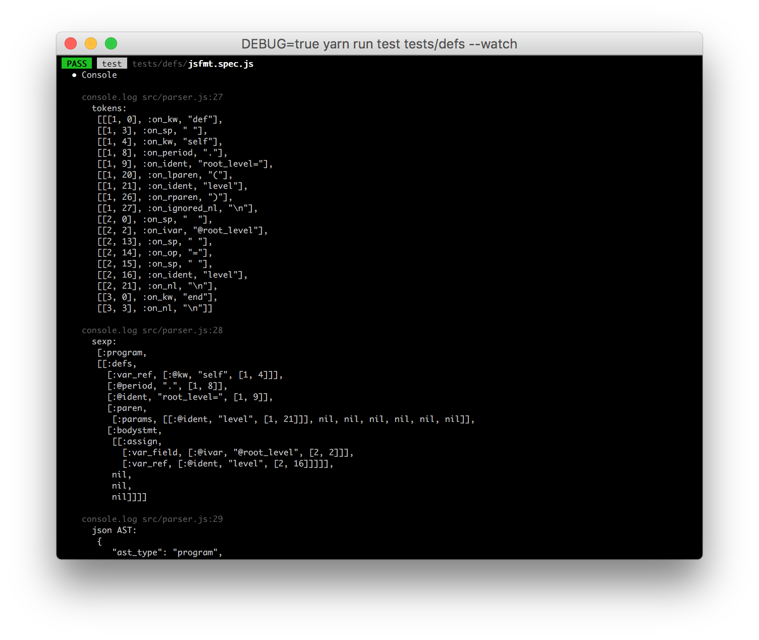 Debug mode enabled, showing the parsed Ruby tokens and more