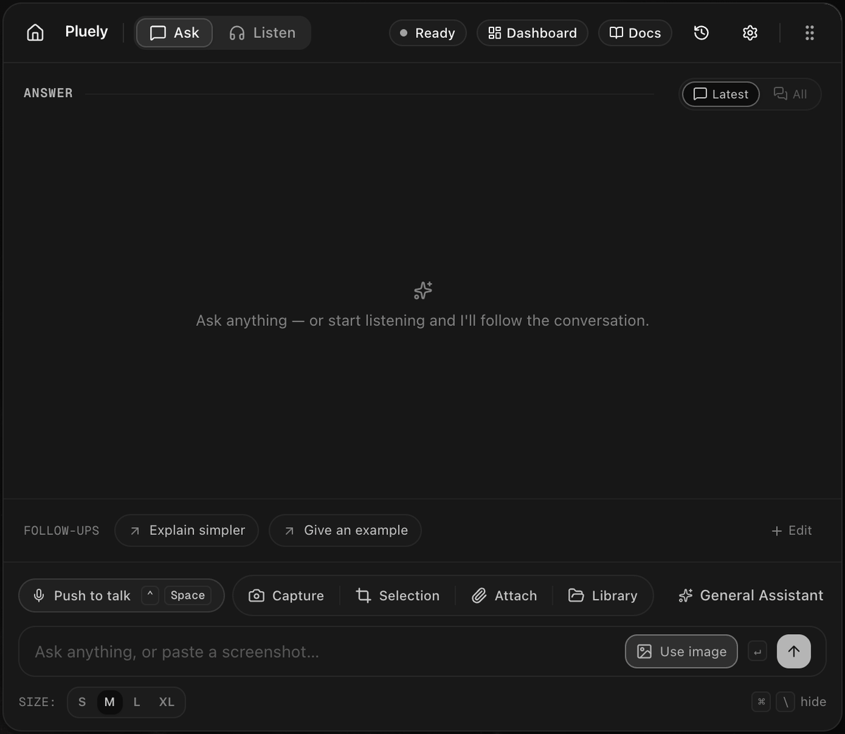 Ask mode: attach a screenshot of an error, ask what's breaking, get a streamed answer with follow-up suggestions