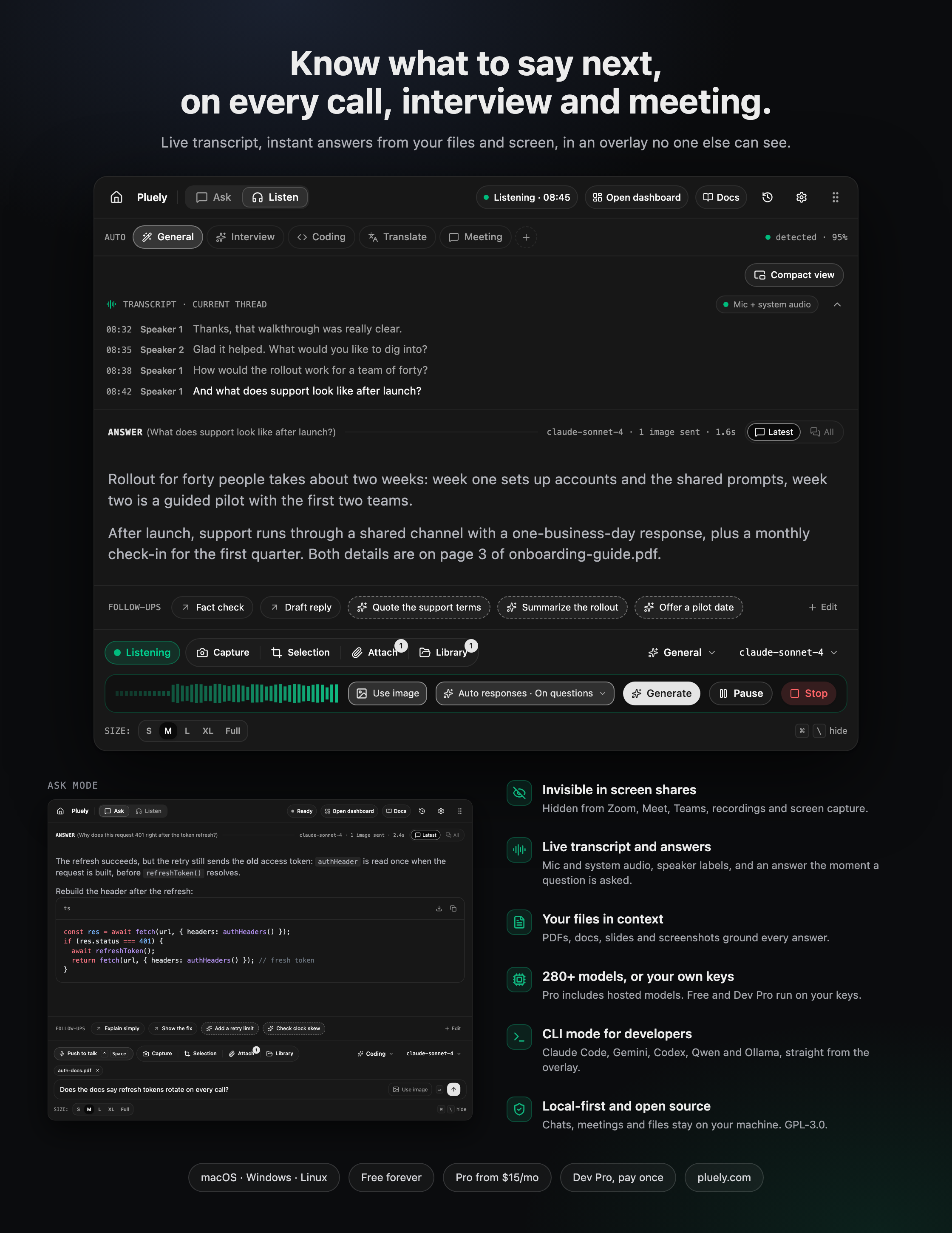 Pluely: the Listen overlay with a live transcript, an answer grounded in attached files and follow-up chips, the Ask overlay with a screenshot and a code answer, and the feature list