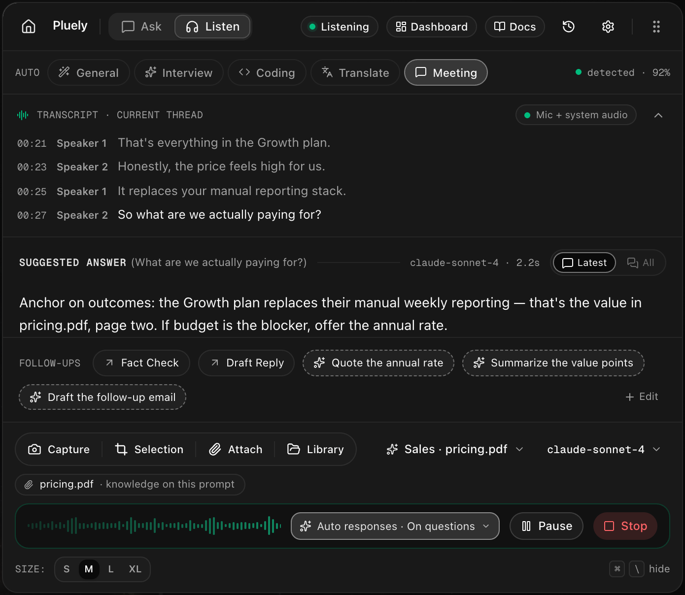 The Pluely v1 overlay in Listen mode: live transcript, prompt tabs, and the answer panel, floating over the desktop