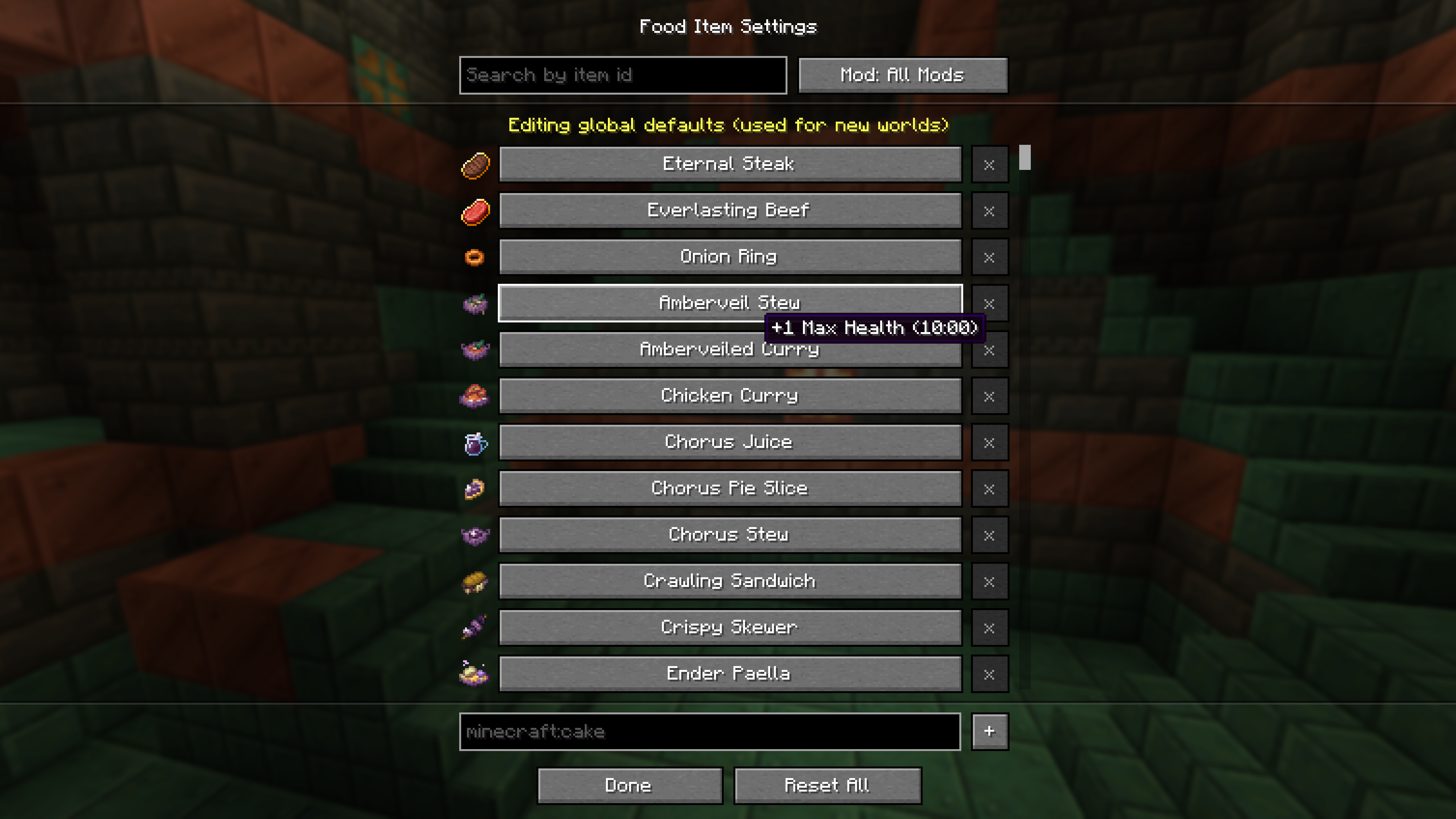 food item settings
