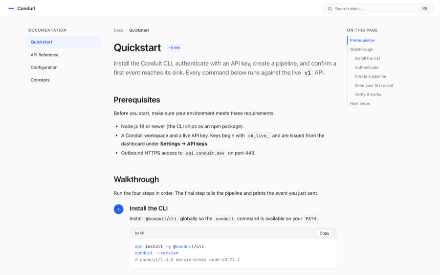 Conduit Docs — a developer documentation site generated by OPC