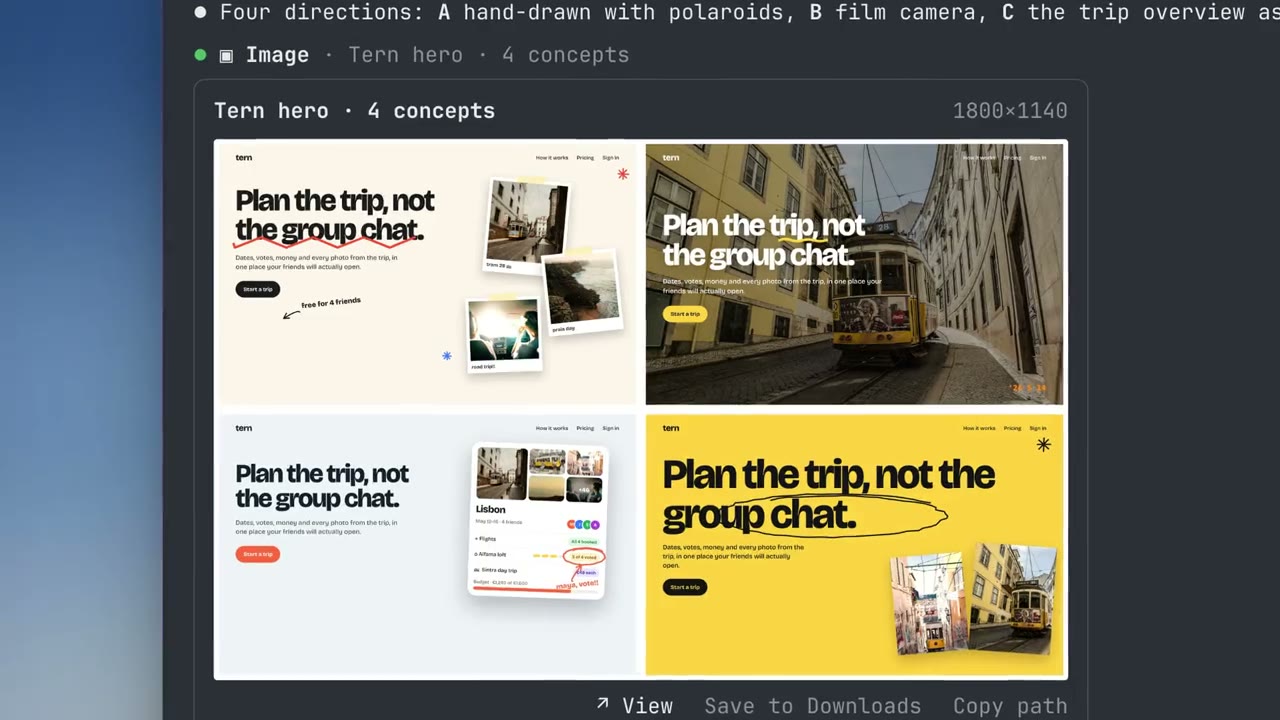 Four landing page concepts for Tern shown in the chat