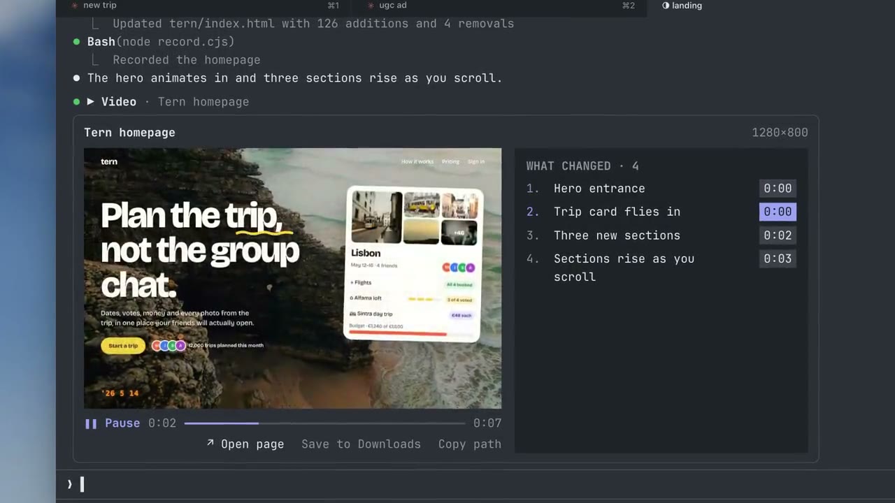 A recording of the Tern homepage plays inside Claude Code with the list of what changed beside it