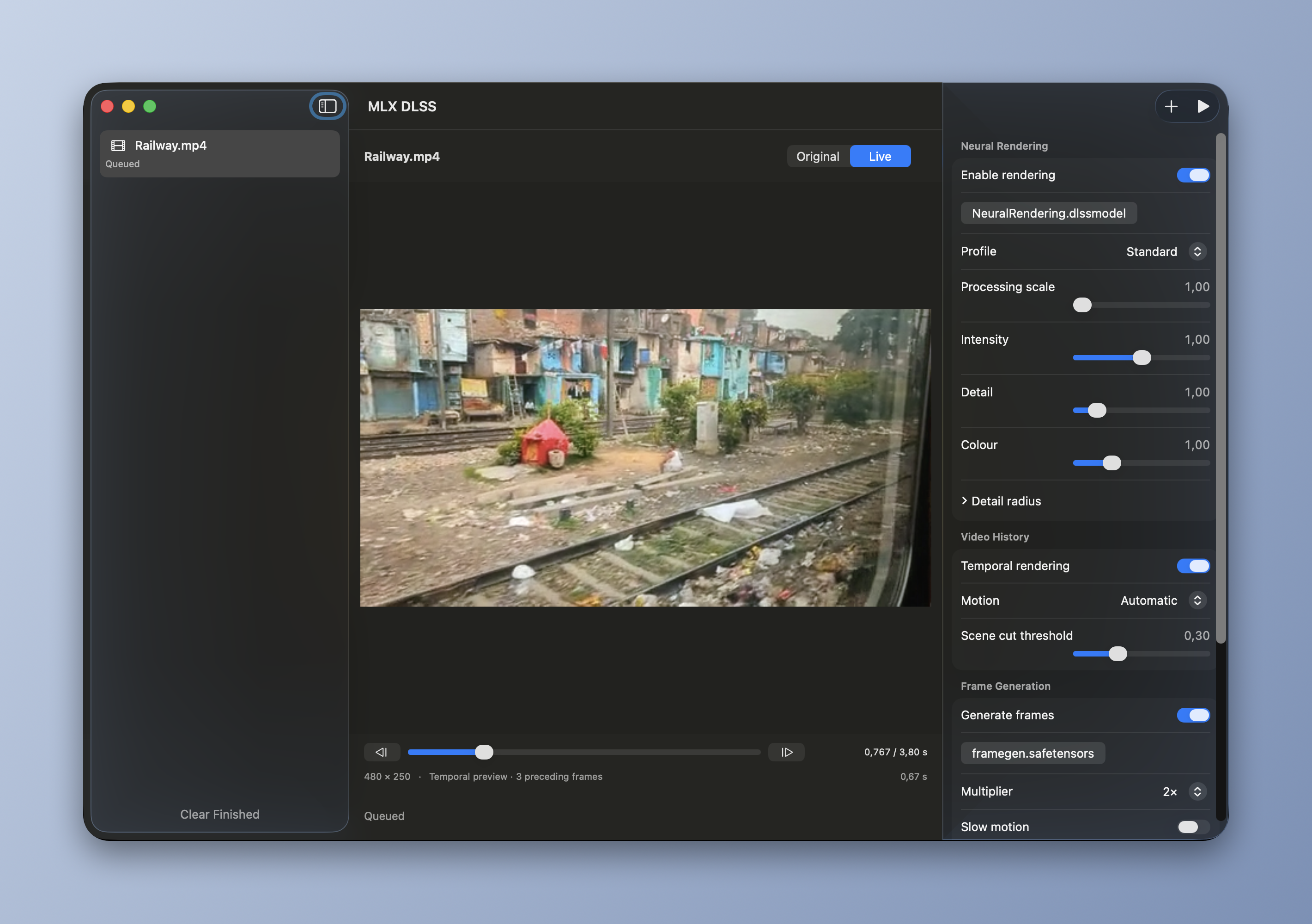 Native macOS app with temporal preview and frame generation