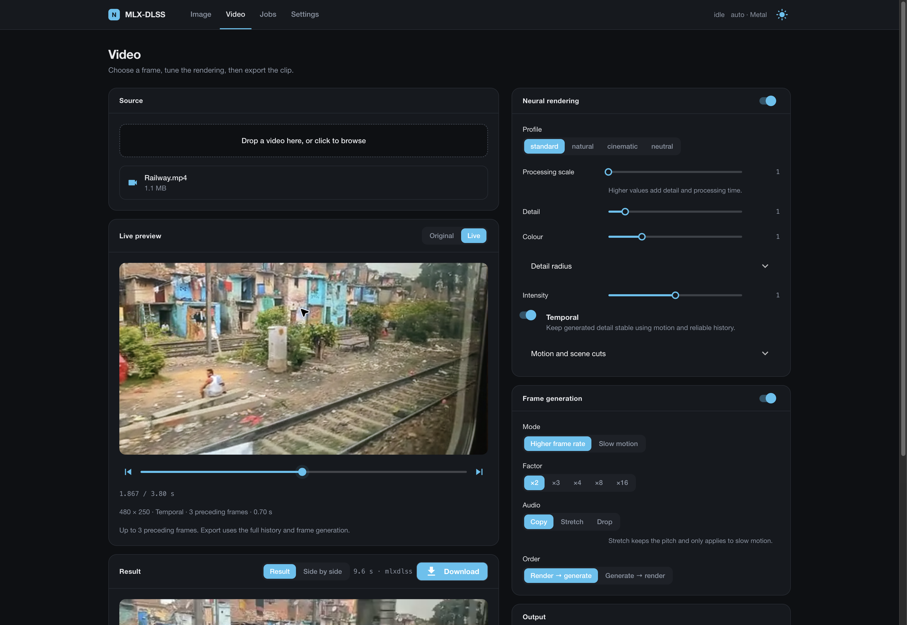 Web panel with temporal preview and export controls