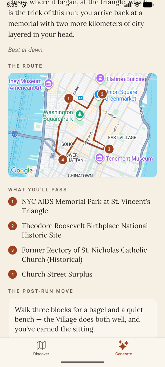 Run detail — the route, real stops, and post-run move