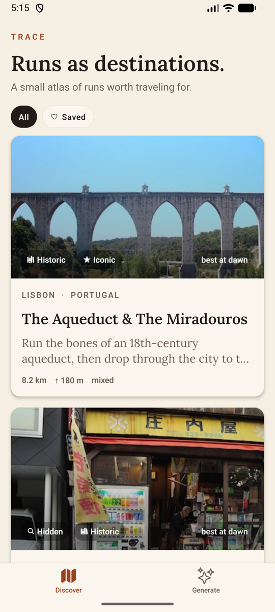 Discover feed — curated runs in an editorial card layout