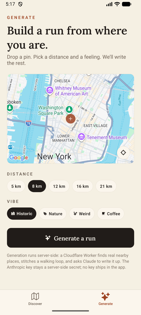 Generate screen — drop a pin, pick a distance and vibe