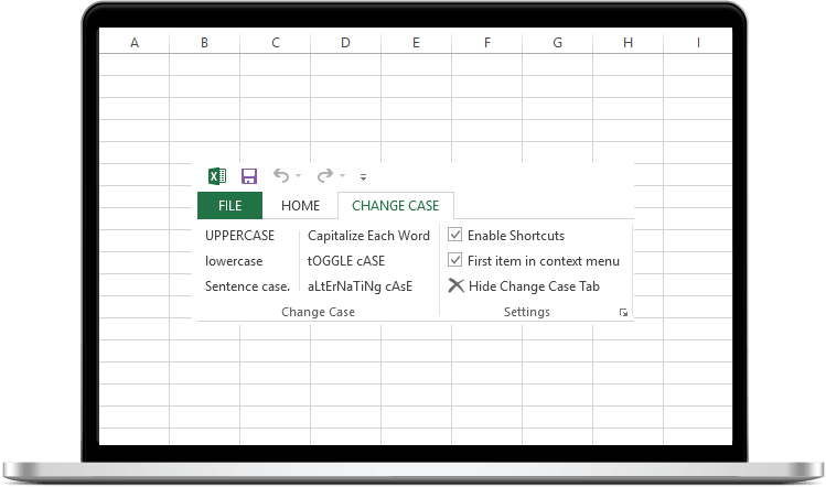 CHANGE CASE tab in Excel Ribbon