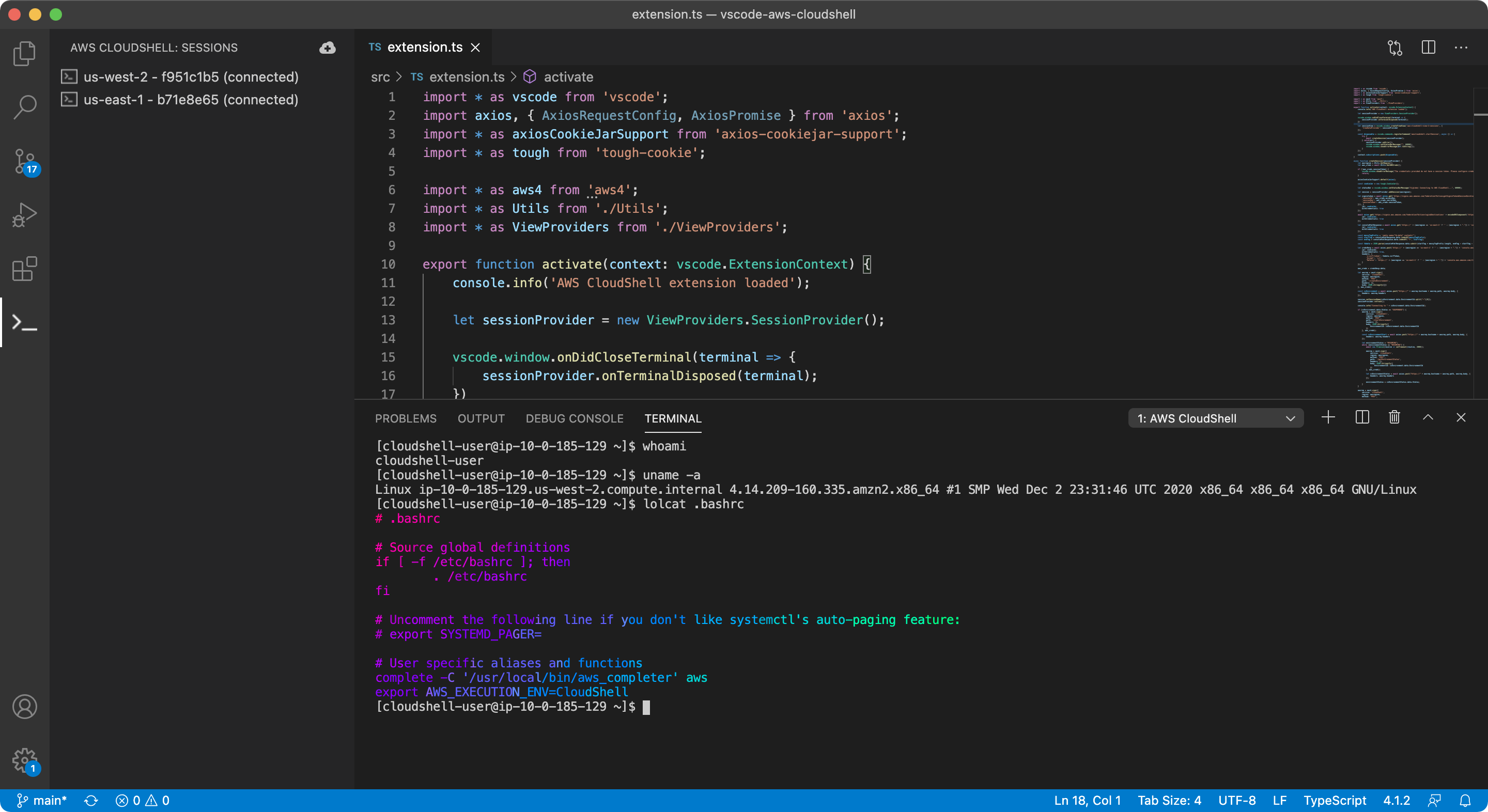 AWS CloudShell plugin for VS Code Screenshot