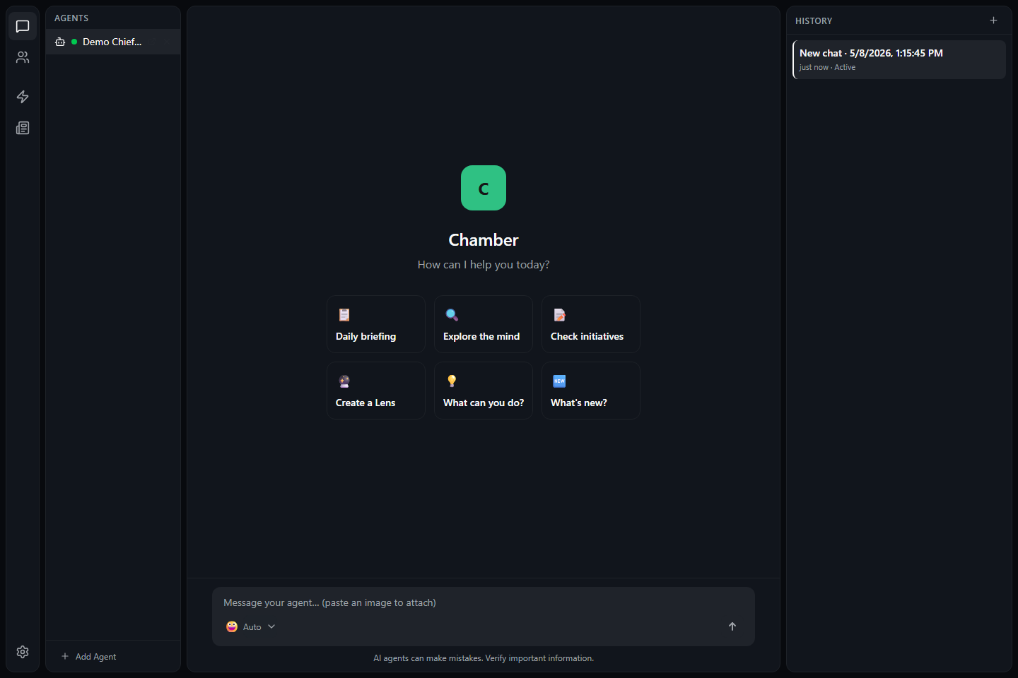 Chamber desktop app showing an agent workspace, chat starter prompts, and conversation history.