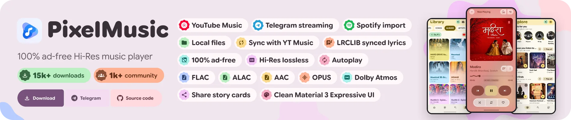 PixelMusic is an open source Android music player built with Material 3 Expressive. Stream YouTube Music, import Spotify playlists, play FLAC, ALAC and hi-res lossless audio, download for offline, 100% ad free.